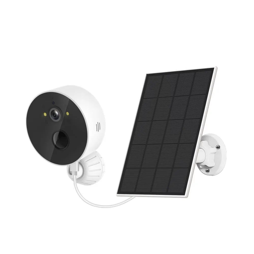 Solar-powered outdoor security camera with 1080P resolution and separate solar panel for continuous charging