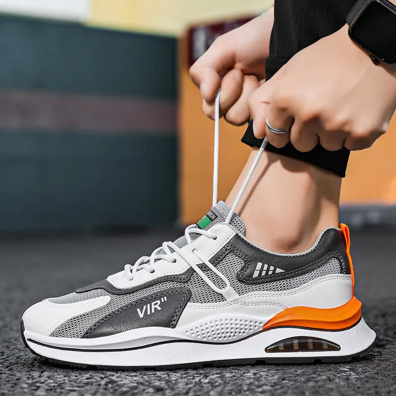 Men's grey and black mesh running shoes with round toe and EVA sole