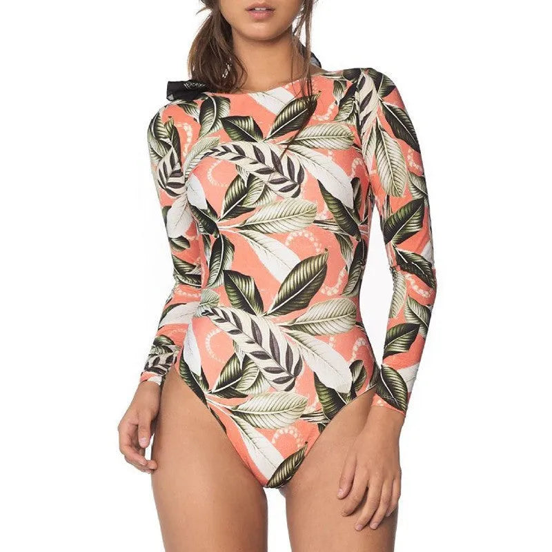 Women's backless one-piece swimsuit with floral leaf pattern in conservative cut for swimming