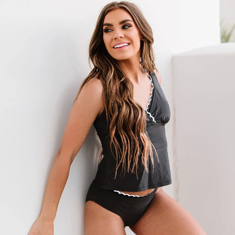 Black women's nylon bikini swimsuit set showing front and back views