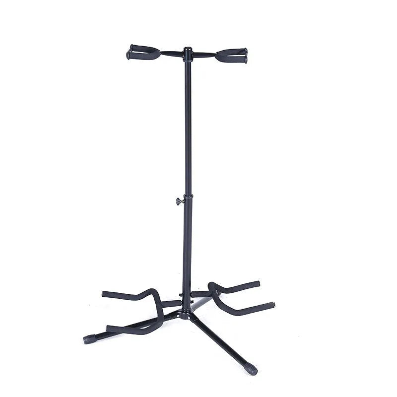 Black iron vertical double-headed adjustable guitar stand holding two instruments