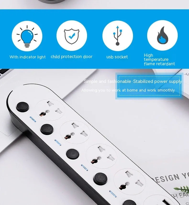 International power strip with four plug standards and switch panel
