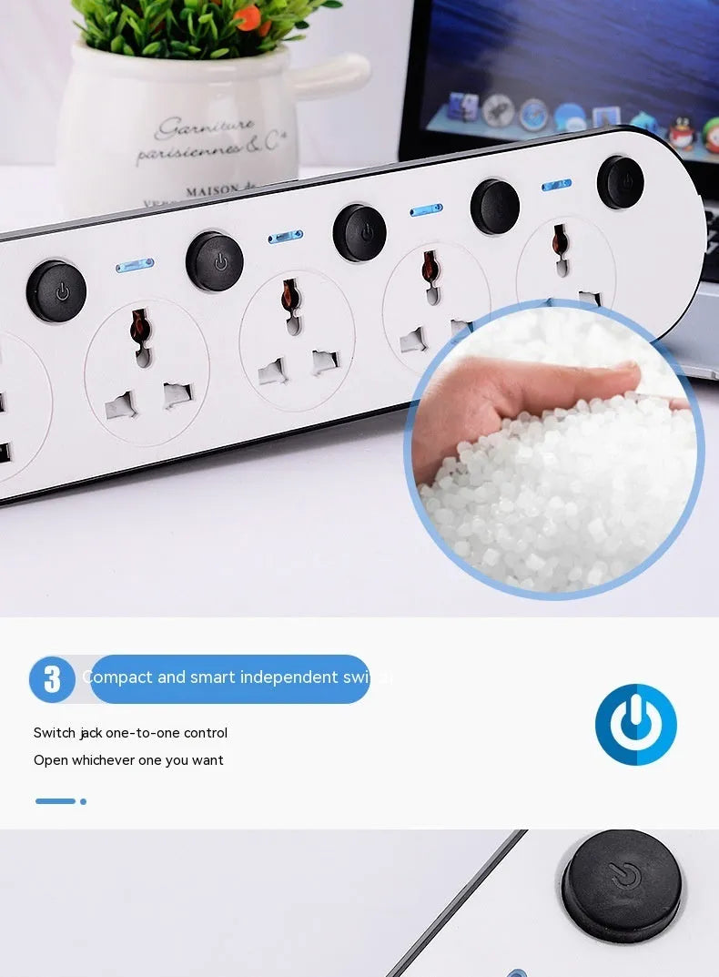 International power strip with four plug standards and switch panel