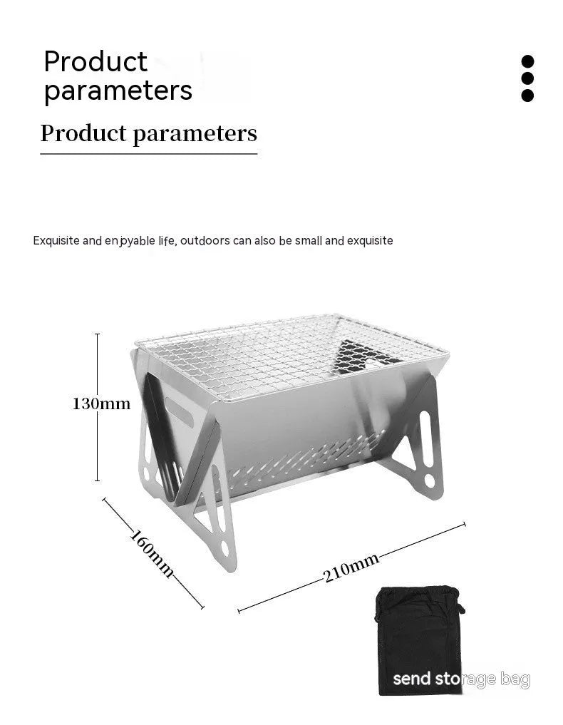 Folding stainless steel barbecue oven with large grill plate and storage bag.