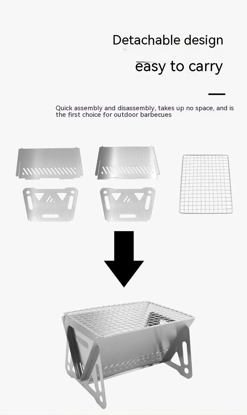 Folding stainless steel barbecue oven with large grill plate and storage bag.
