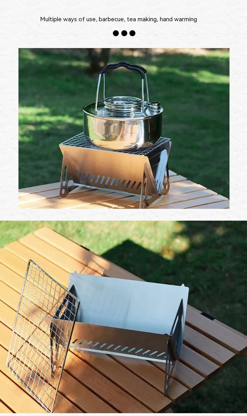Folding stainless steel barbecue oven with large grill plate and storage bag.