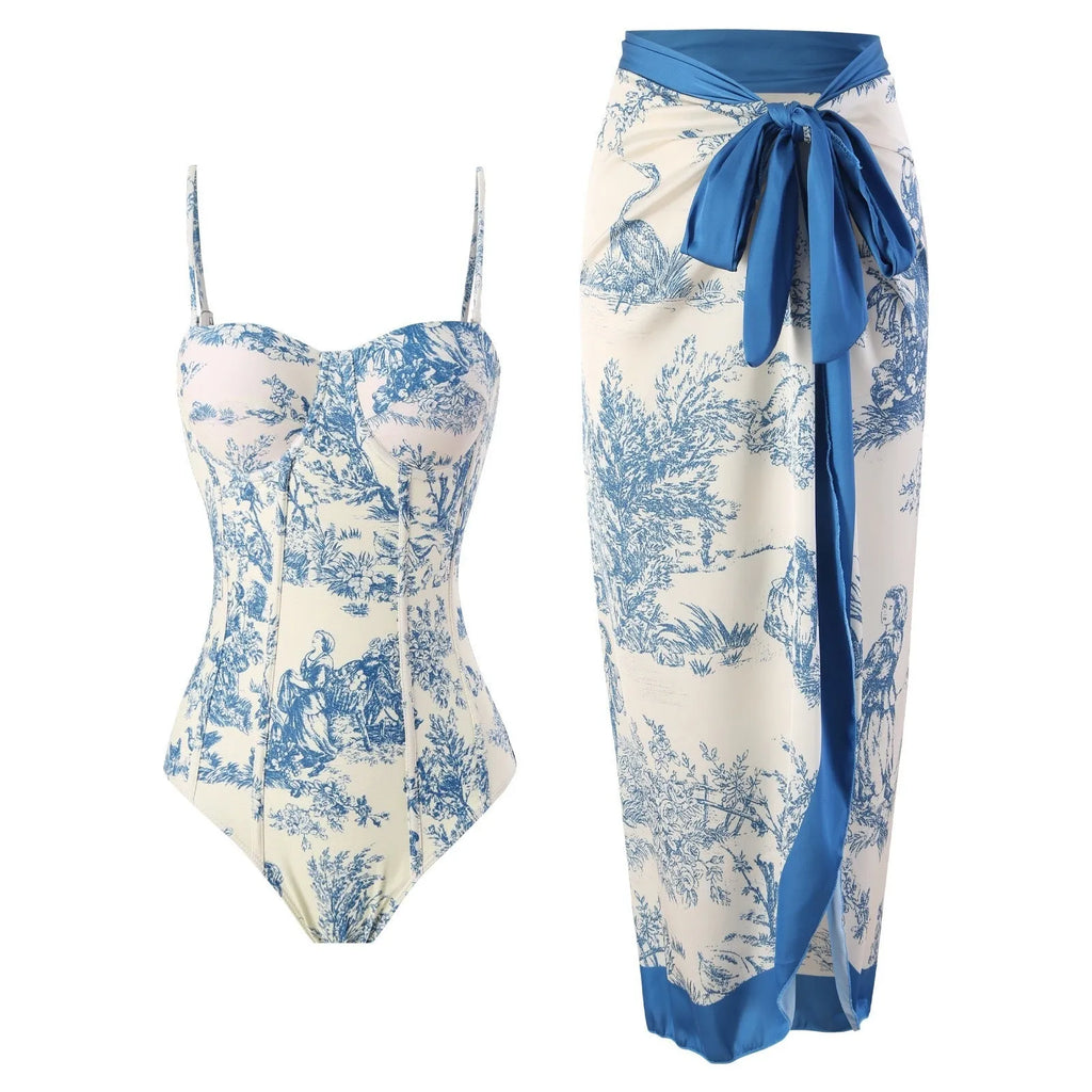 Blue women's one-piece swimsuit with detachable gauze skirt in polyester fabric