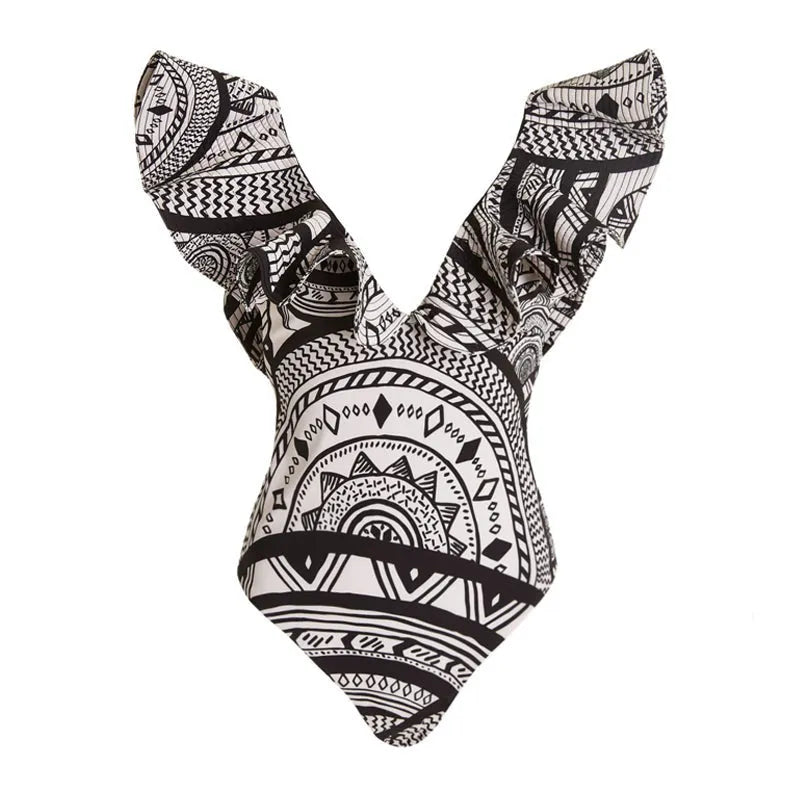 Women's deep V ruffled vintage printed one-piece swimsuit with coordinating wrap skirt