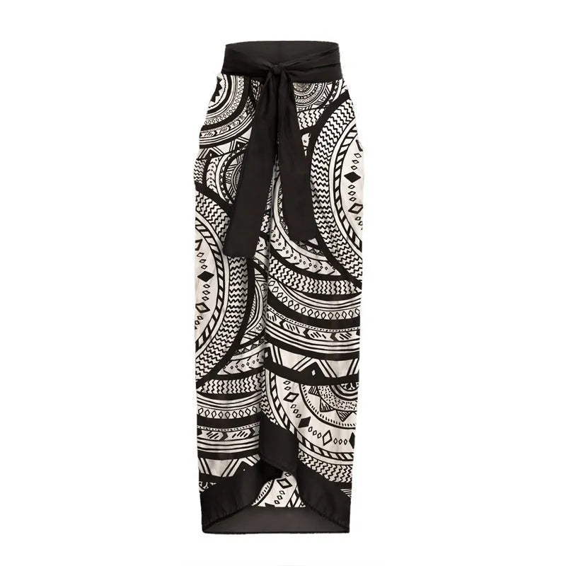 Women's deep V ruffled vintage printed one-piece swimsuit with coordinating wrap skirt