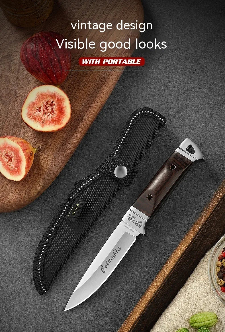 Stainless steel camping fruit knife with national style design in its leather case.