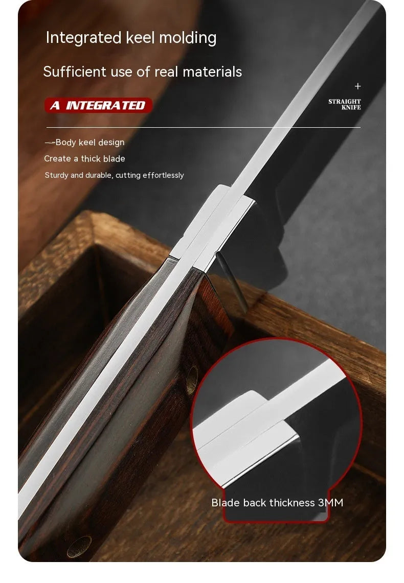 Stainless steel camping fruit knife with national style design in its leather case.