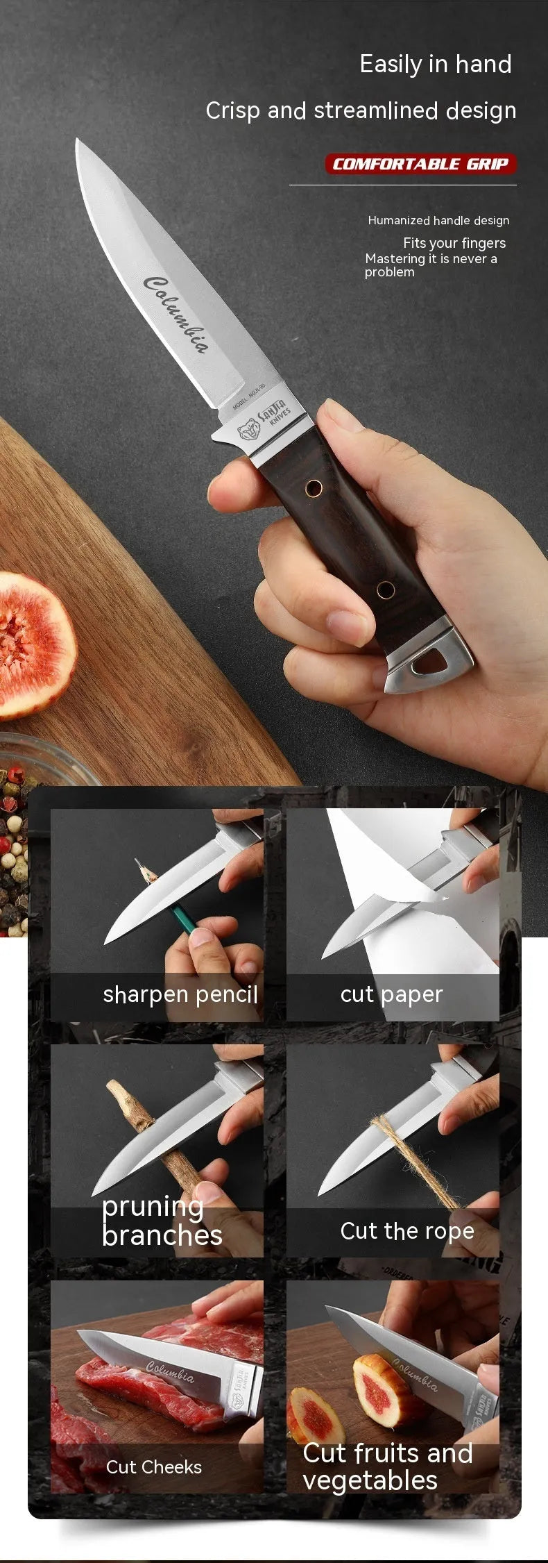 Stainless steel camping fruit knife with national style design in its leather case.