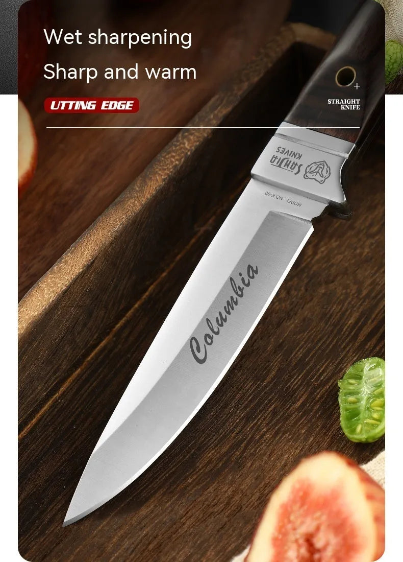 Stainless steel camping fruit knife with national style design in its leather case.