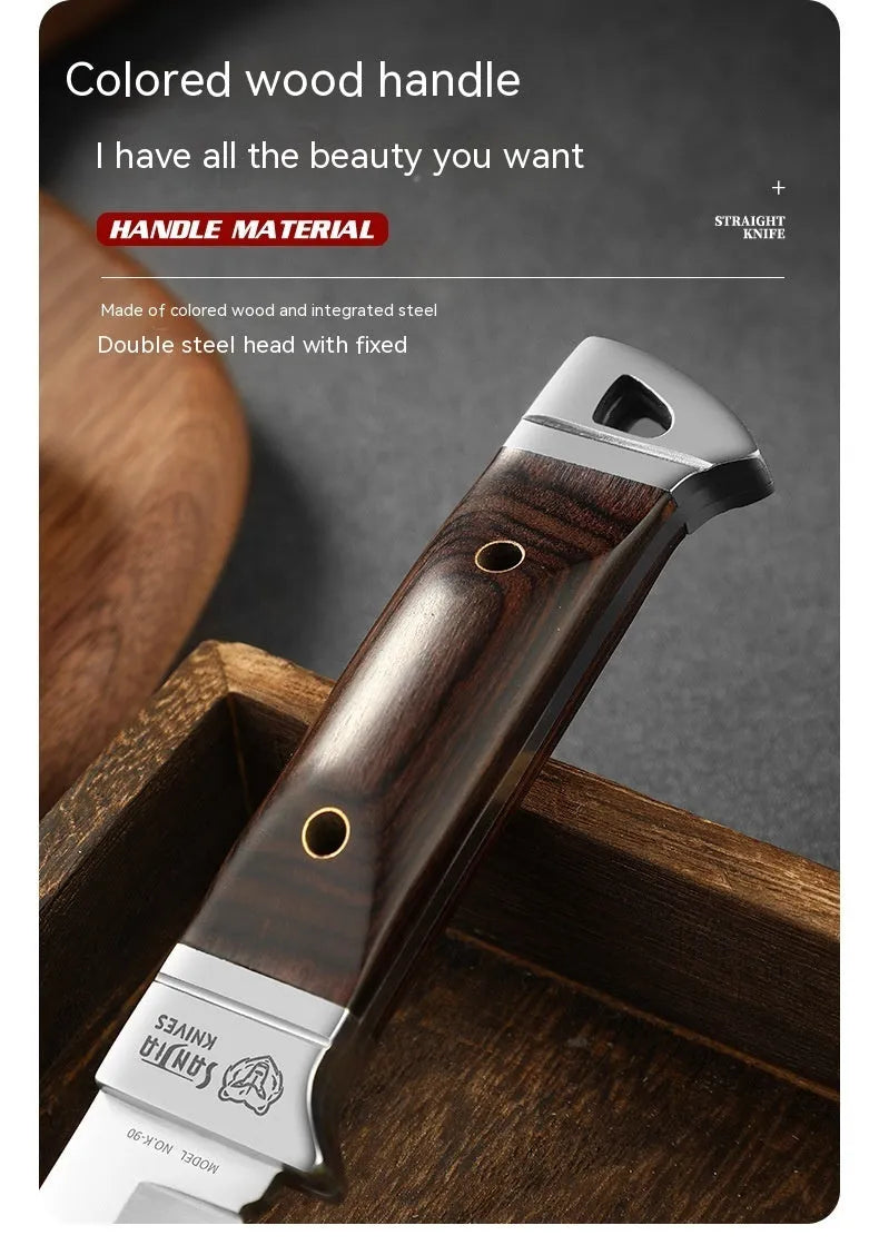 Stainless steel camping fruit knife with national style design in its leather case.