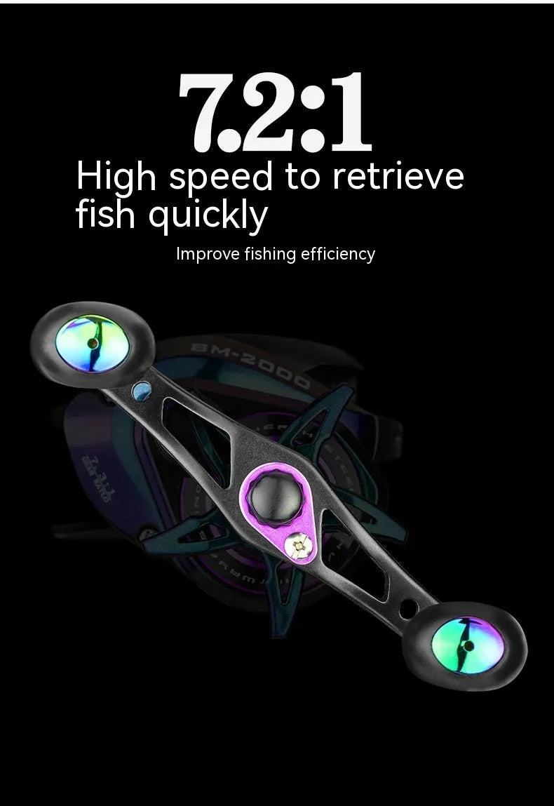BM2000 fishing reel on a rod seat, showing left-hand and right-hand retrieve model options.