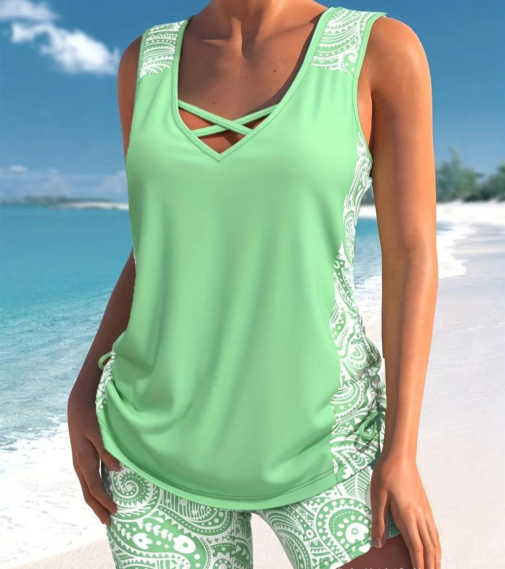 Women's printed swimsuit with boxer shorts in black, navy blue, or light green colours