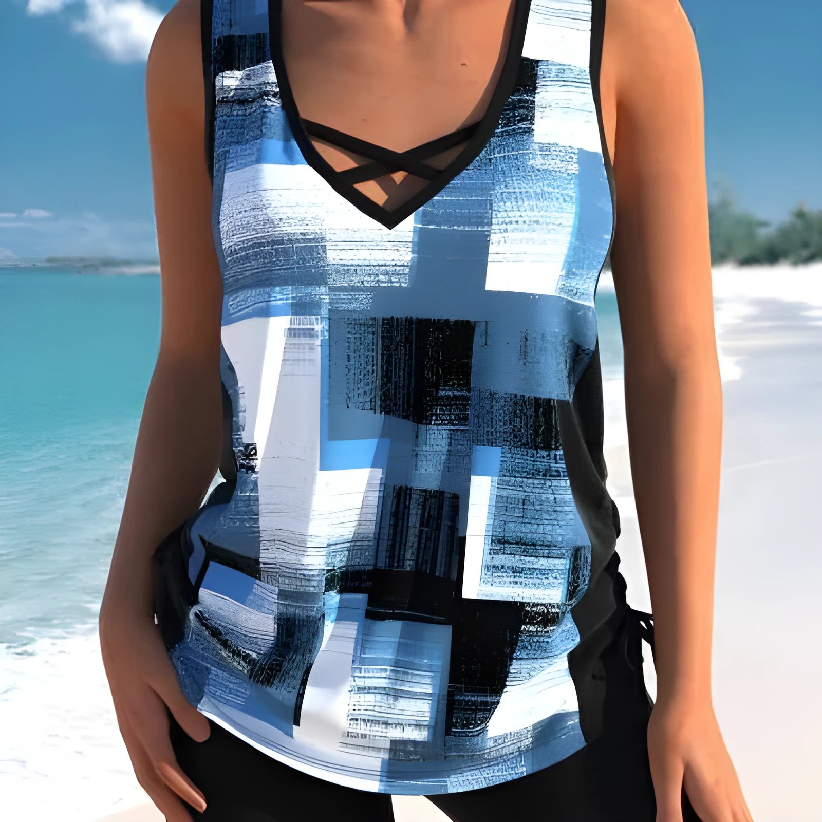 Women's printed swimsuit with boxer shorts in black, navy blue, or light green colours