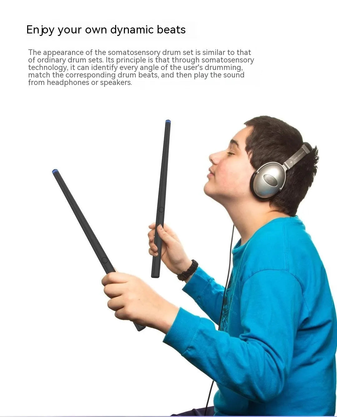 Black somatosensory air drum kit virtual AR toy with wireless drumsticks and LED lighting on a stand