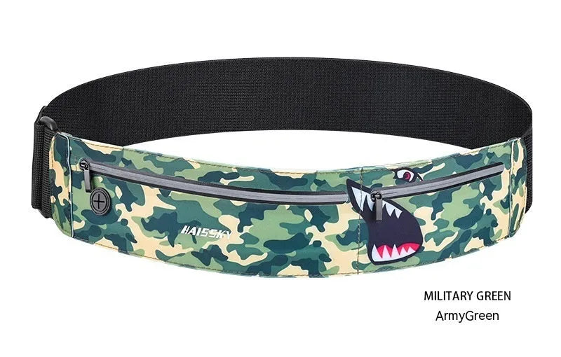 Waterproof chinlon Lycra waist bag with 8-inch capacity in camouflage crocodile colour