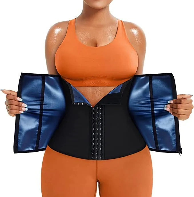 Blue and silver neoprene adjustable belly band for waist shaping and abdominal support.