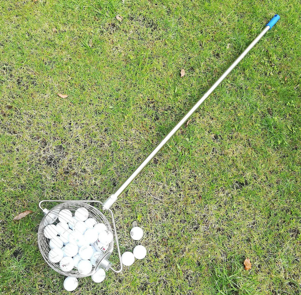 A metallic coloured 304 stainless steel golf ball picker on a green background.