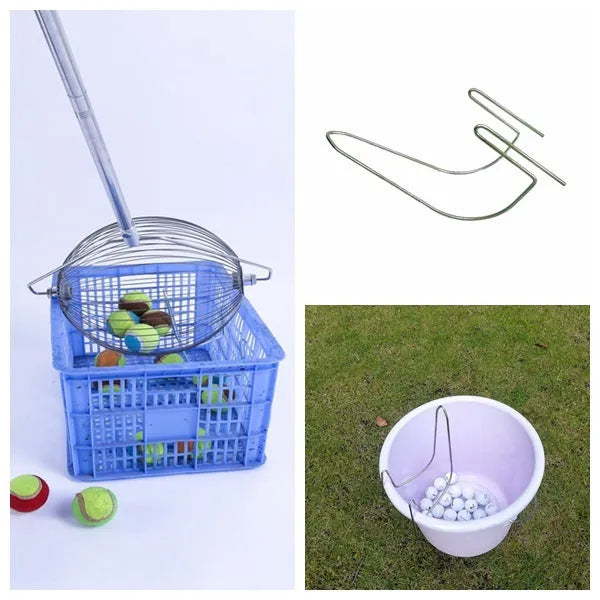 A metallic coloured 304 stainless steel golf ball picker on a green background.