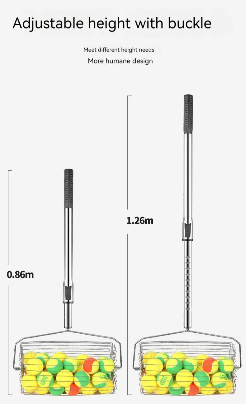 Stainless steel roller tennis ball picker with adjustable telescopic handle.