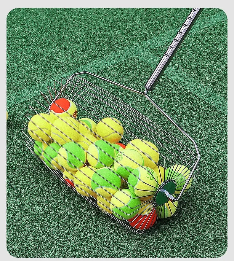 Stainless steel roller tennis ball picker with adjustable telescopic handle.