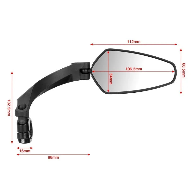 Black bicycle rearview mirror with acrylic PMMA construction measuring 210mm by 102.5mm