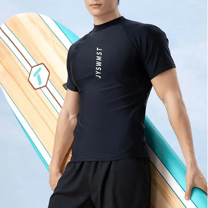 Men's polyester swimsuit set with matching top and trunks in plus sizes