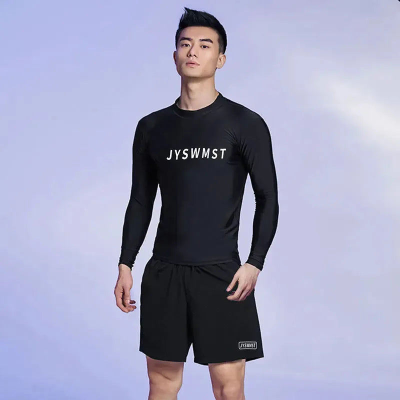 Men's polyester swimsuit set with matching top and trunks in plus sizes