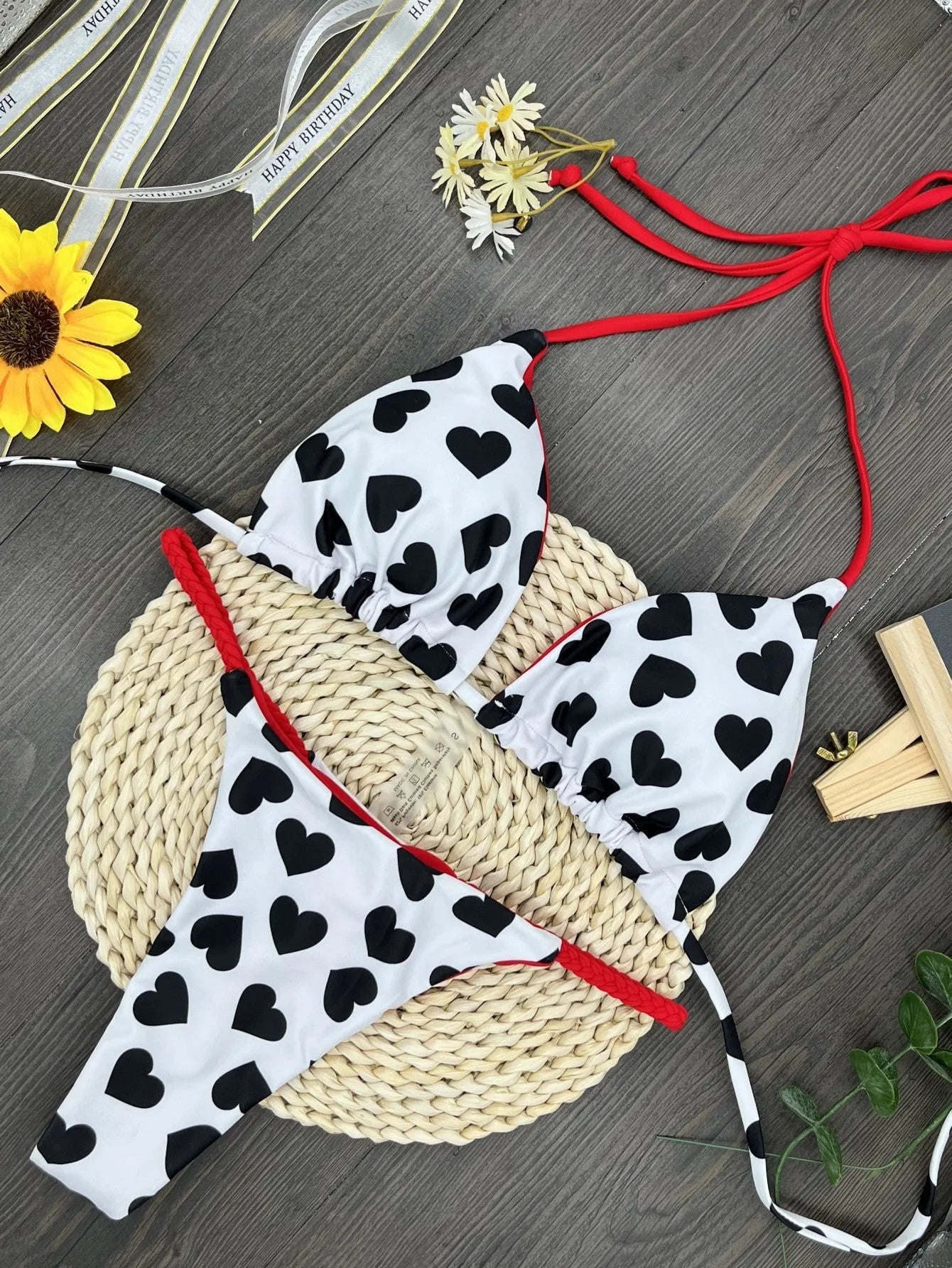 Heart print backless swimsuit with split sides in quick-drying nylon fabric