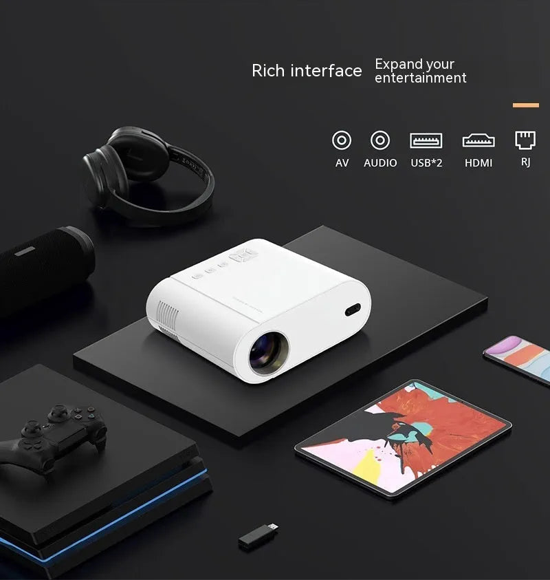 T07 Full HD Smart Projector with Android system showing white housing and remote control