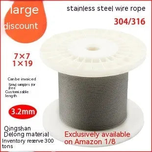 Coil of 304 stainless steel multi-strand security cable on a white background.