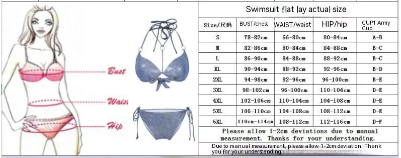 Blue women's printed split bikini swimsuit top and shorts set for swimming.