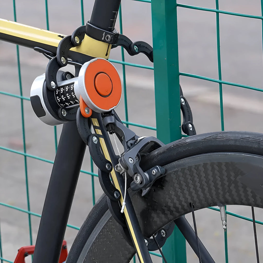 Folding bicycle lock in black orange colour showing extended and collapsed positions