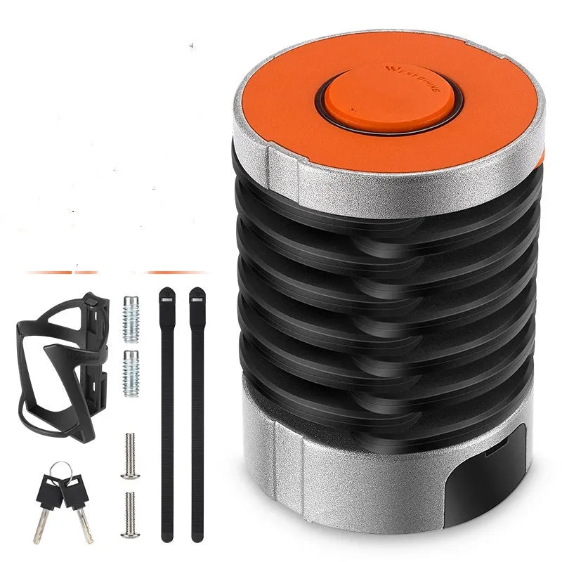 Folding bicycle lock in black orange colour showing extended and collapsed positions