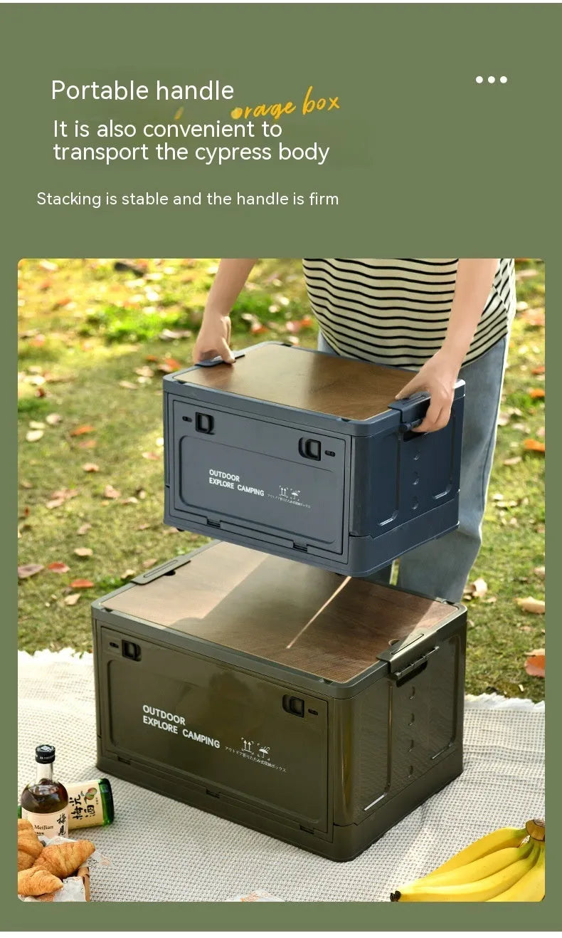 Large Nordic green foldable plastic storage box with wooden lid, showing 45L capacity.