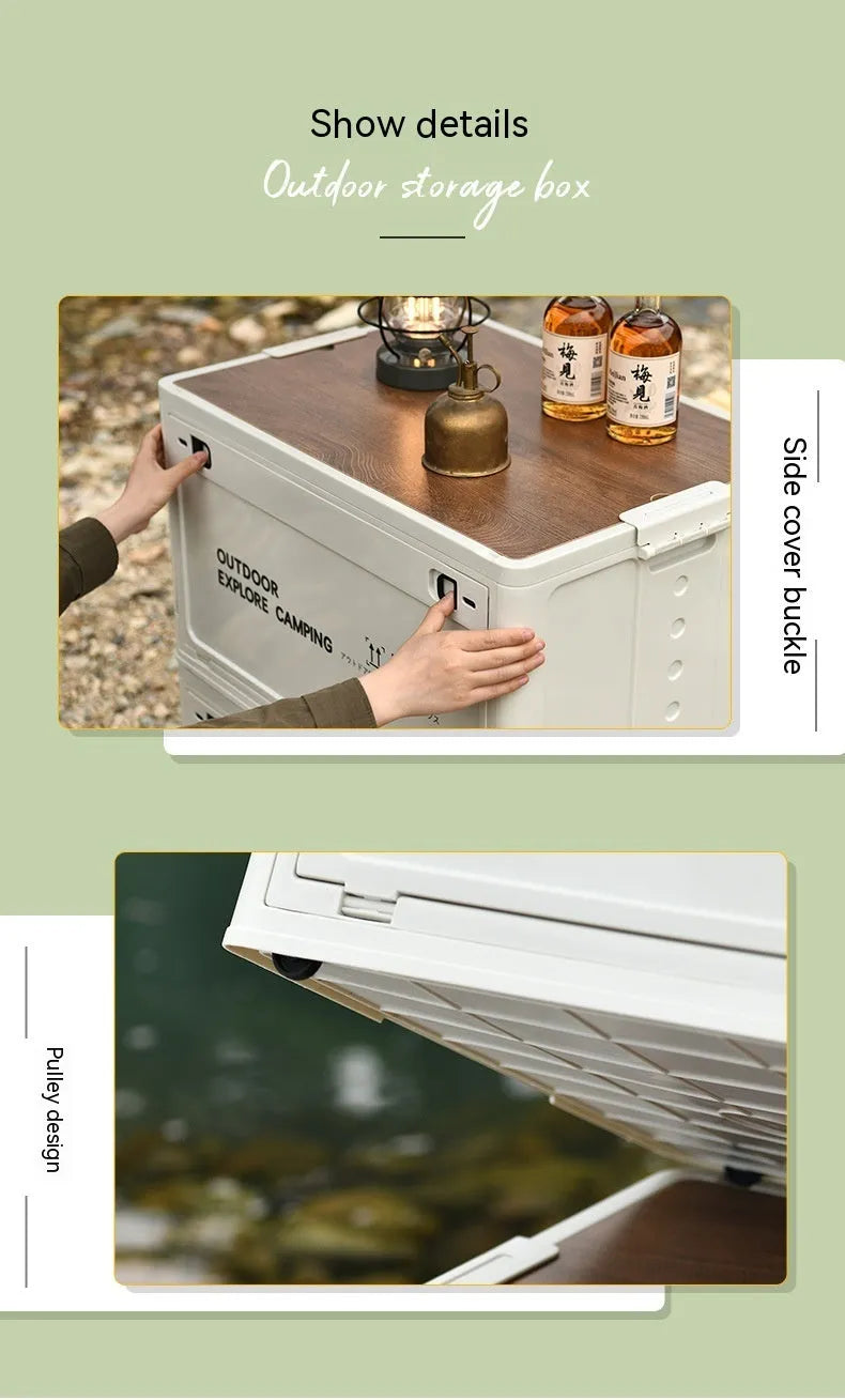 Large Nordic green foldable plastic storage box with wooden lid, showing 45L capacity.