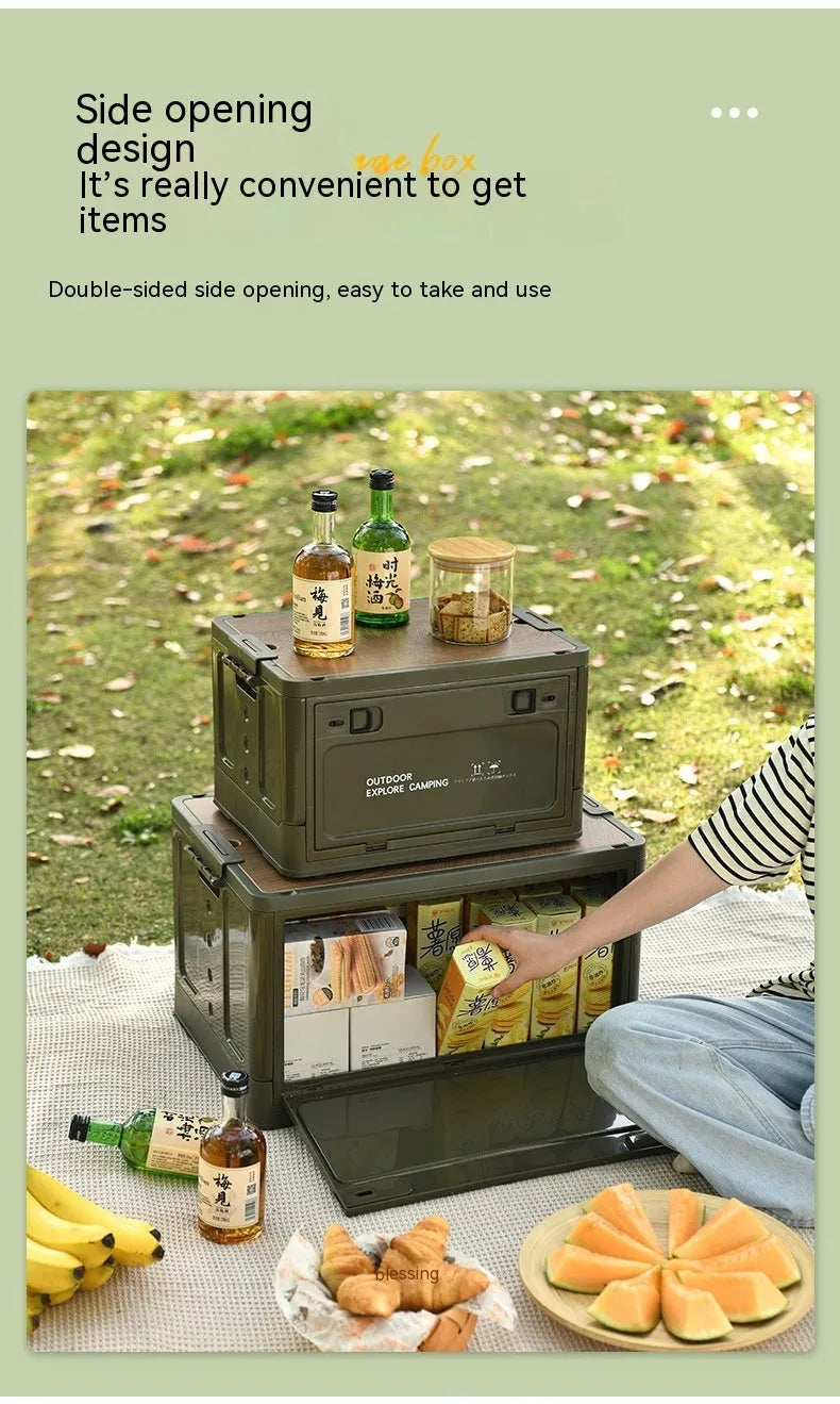Large Nordic green foldable plastic storage box with wooden lid, showing 45L capacity.
