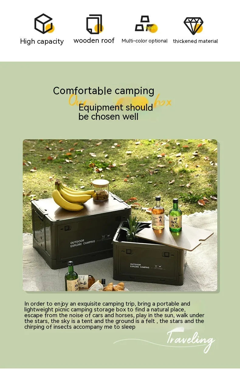 Large Nordic green foldable plastic storage box with wooden lid, showing 45L capacity.