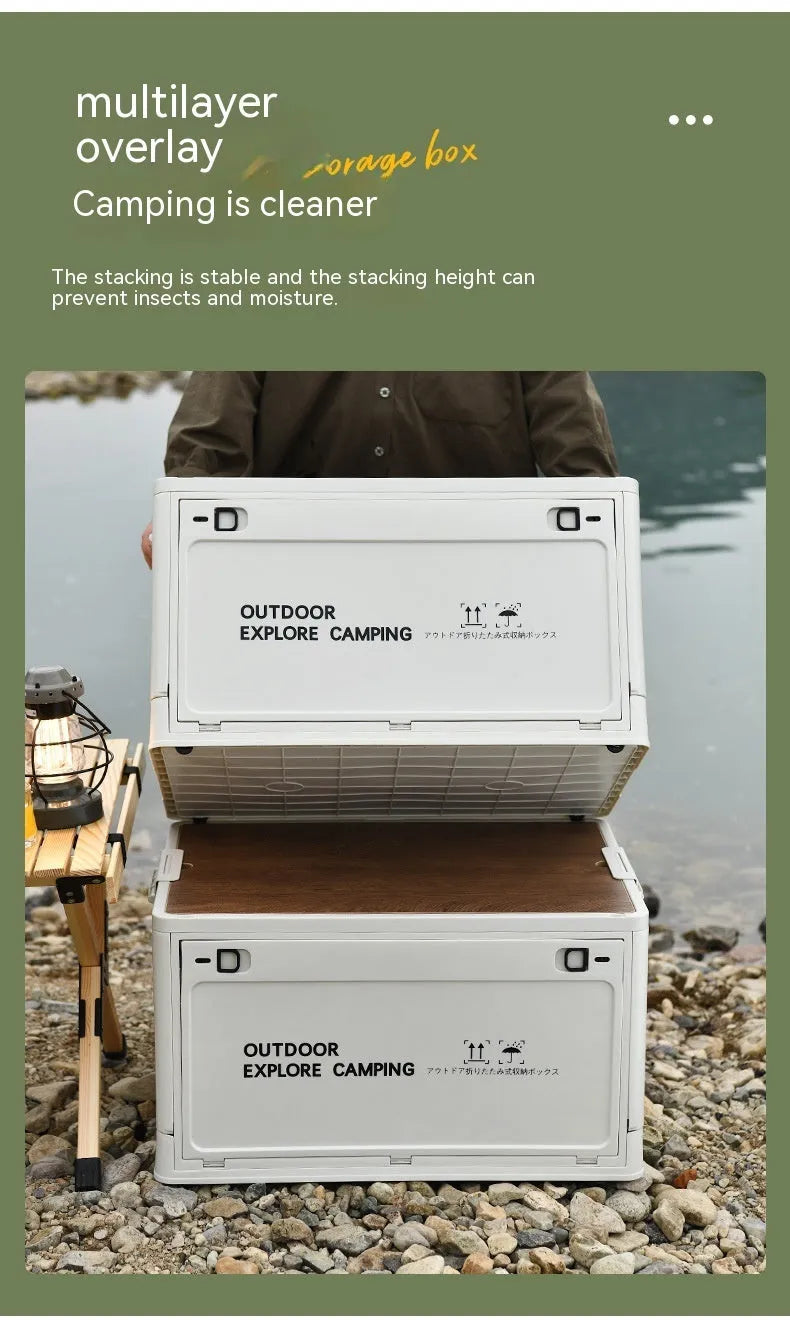 Large Nordic green foldable plastic storage box with wooden lid, showing 45L capacity.