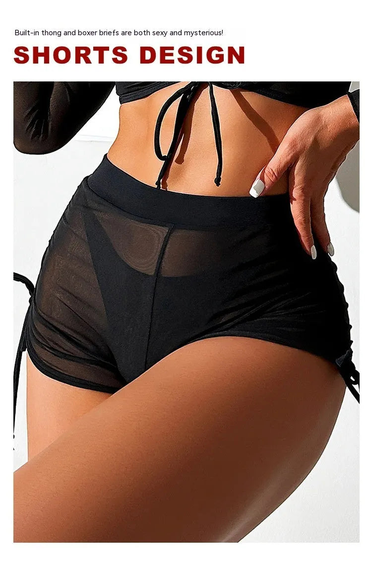 Black mesh four-piece women's bikini set with long sleeves and briefs bottom