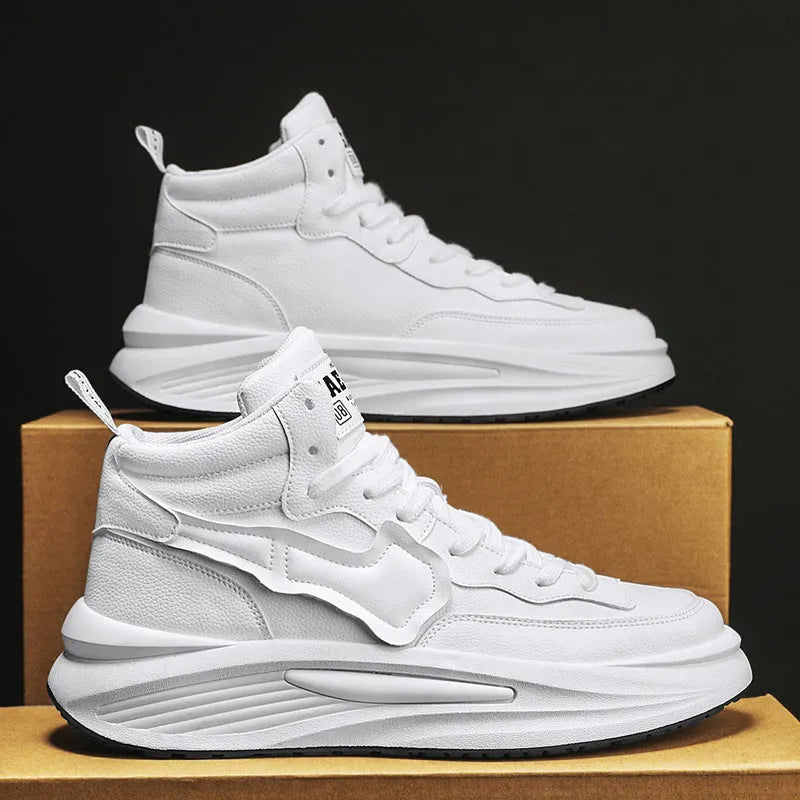 Men's black and white high-top platform board shoes with a round toe.