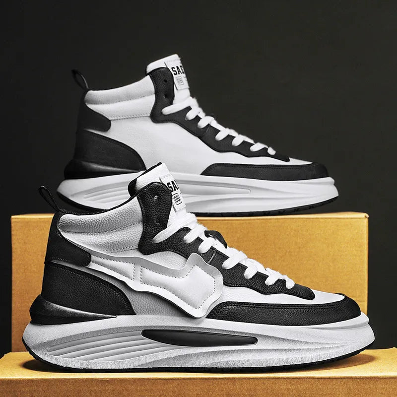Men's black and white high-top platform board shoes with a round toe.