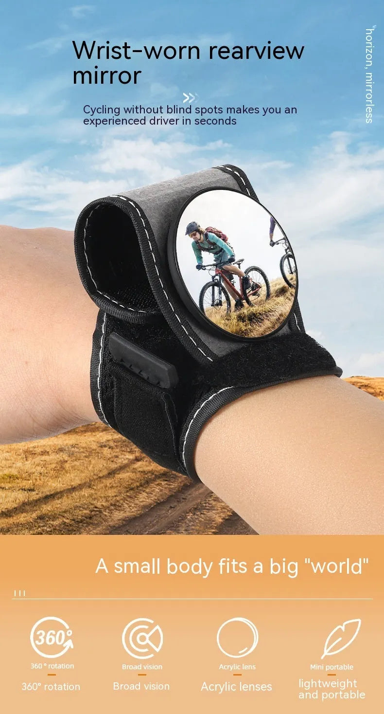 Black nylon wrist-mounted bicycle rear-view mirror for cycling safety