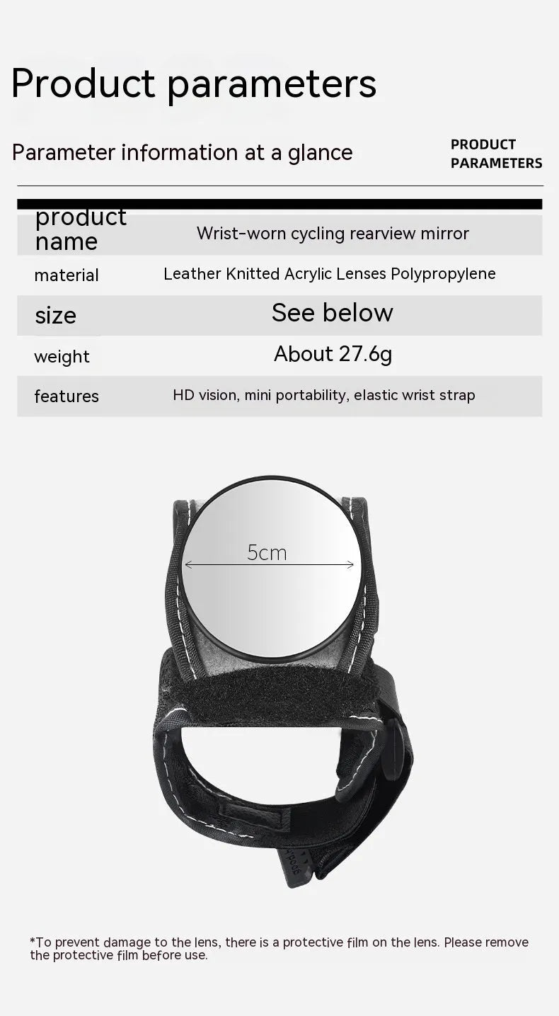 Black nylon wrist-mounted bicycle rear-view mirror for cycling safety