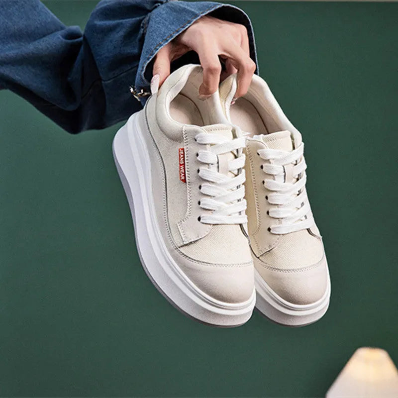 Women's beige leather board shoes with thick soles for height increase