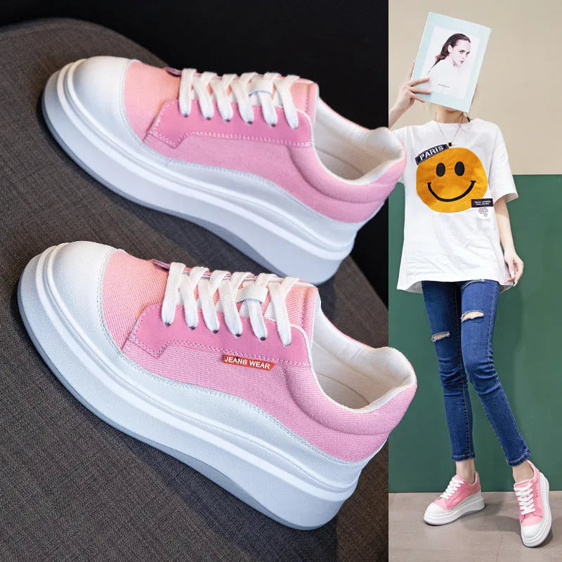 Women's beige leather board shoes with thick soles for height increase