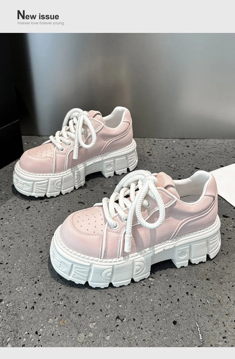 Women's beige and pink leather casual loafers with a muffin bottom and rubber foam sole